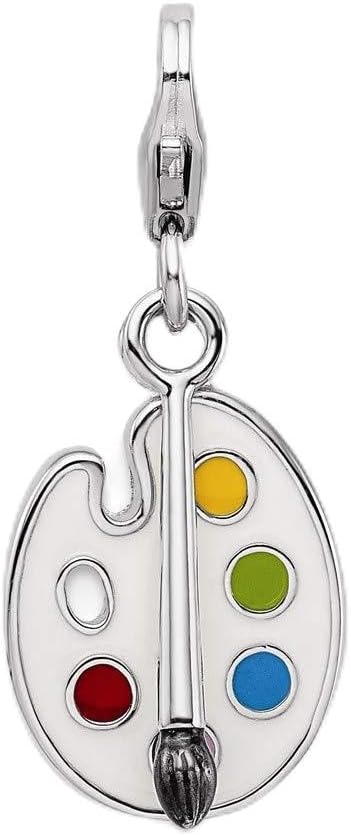 Solid 925 Sterling Silver Enameled 3-D Palette And Brush Lobster Clasp Charm (0.47 x 1.5 Inches)