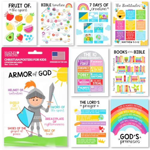 Image of Hadley Designs Sunday School Decorations for Classroom -9 Bible Posters for Kids, Books of the Bible, 10 Commandments, Bible Timeline Chart, Fruits of the Spirit, Rainbow Christian Classroom Decor