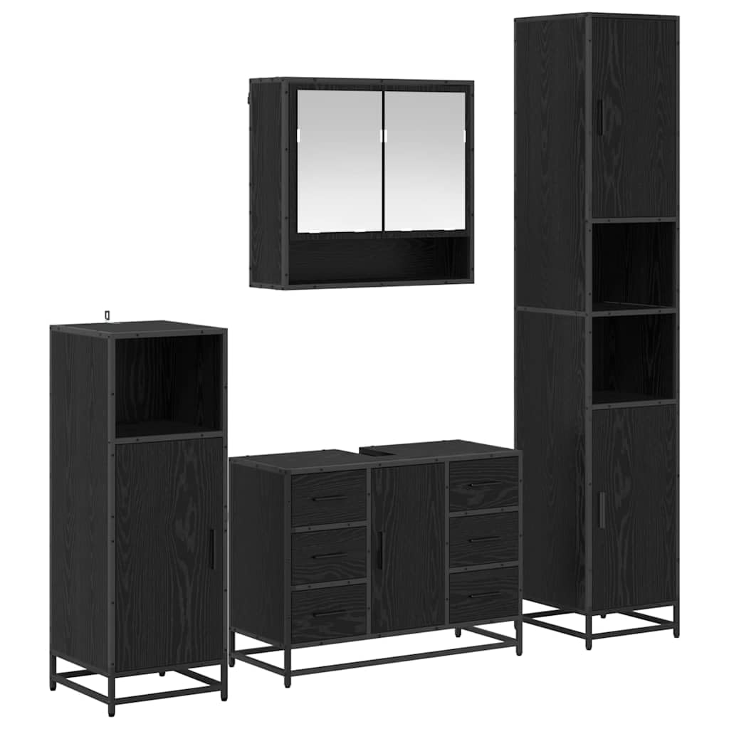 Set di mobili da bagno, 4 pezzi, nero, effetto rovere, materiale in legno