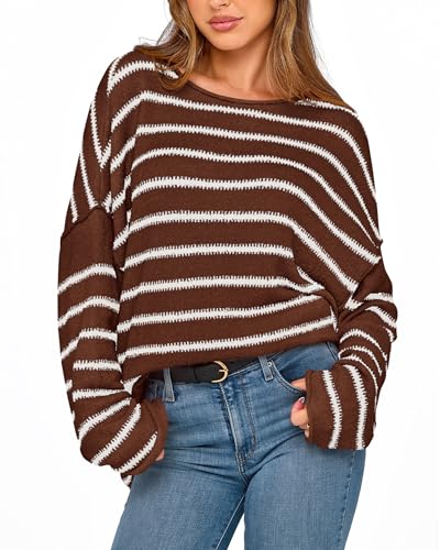 BTFBM Women's Striped Knit Sweaters 2025 Spring Fall Boat Neck Off Shoulder Long Sleeve Oversized Casual Pullover Tops