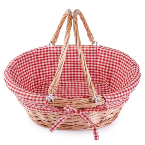 Oval Wicker Bread Basket Handwoven Willow with Removable Liner Folding Handles 13 x 10 Inch - Fruit Basket for Kitchen Counter Serving Gifts and Decor - Red Gingham Lining - Vintiquewise