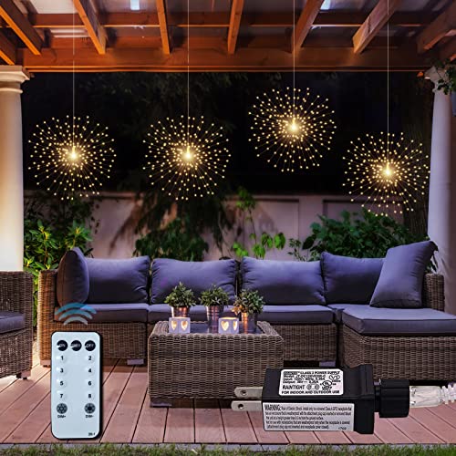 4 Pack 800 Led Plug In Starburst Sphere Lights,Firework Lights 8 Modes Dimmable Remote Control Waterproof Hanging Fairy Light, Copper Wire Lights For Patio Parties Tent Christmas (Warm White) #TOP5