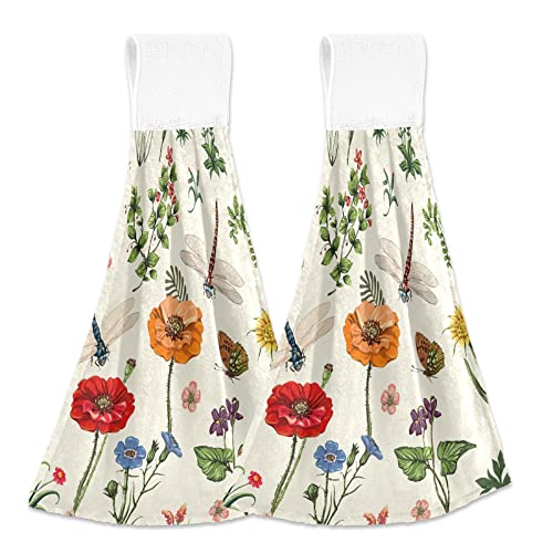 2Pcs Summer Flowers Dragonfly Hanging Kitchen Towel Botanical Leaves Floral Hand Towels Soft Coral Velvet Loop Dish Towel For Bathroom Washcloth Absorbent Tie Towel #TOP14