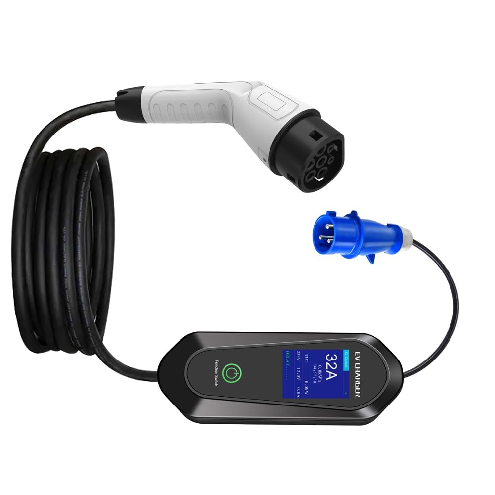 Cargador Portátil EV Monofásico de 7 KW y 32 A para Vehículos Eléctricos. Cable de Carga Rápida EVSE. Compatible con para WiFi y Aplicación. Control Bluetooth.