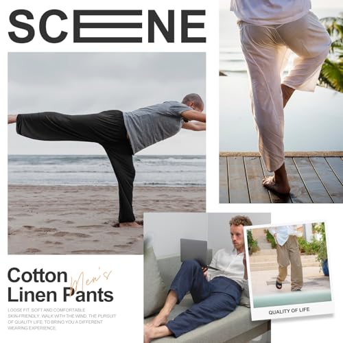 ESTAMICO Men's Cotton Linen Casual Yoga Pants Loose Fit Elastic Drawstring Waist Summer Beach Pant4