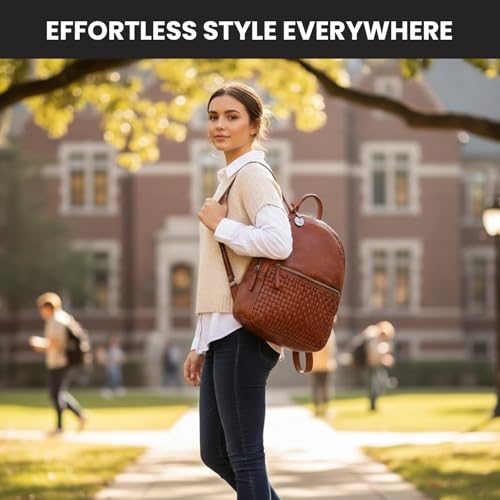 Image of Genuine Leather Backpack for Men, Casual Backpack for Women Office Bag with Adjustable Shoulder Strap (VL-054-COGNAC)