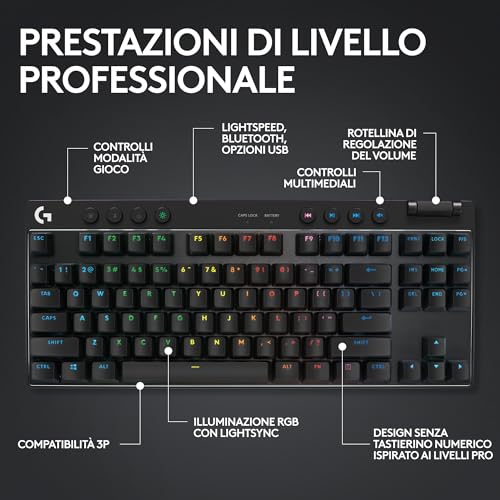 PRO X SUPERLIGHT 2 LIGHTSPEED Mouse Gaming Wireless, Caricatore USB-C + PRO X TKL LIGHTSPEED, Tastiera Gaming Wireless, Senza Tastierino Numerico, Copritasti in PBT (ITA QWERTY) - Nero - Tastiera gaming - Immagine 4