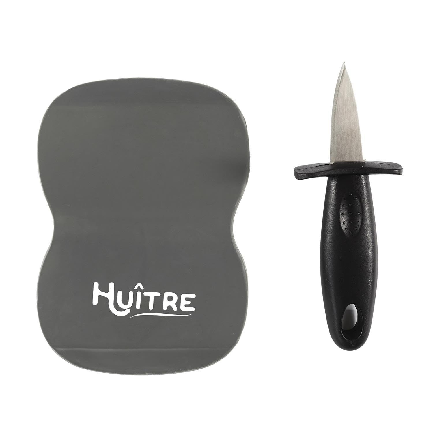 Huitre - Set di coltelli ostriche con tappetino in silicone professionale in acciaio inox con manico protettivo, colore: Grigio