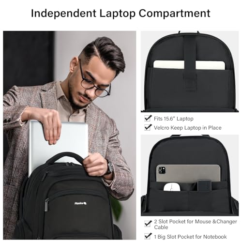 Hanke College Laptop Backpack Multi-Pocket, 18-Inch Large Travel Backpack for Men Women, Water Resistant College Bookbag for 15.6 Inch Laptop, Casual Daily Personal Item Size Airline Approved,Black3