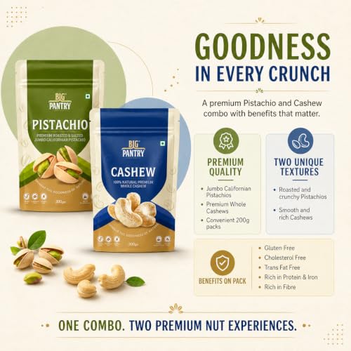 Image of BIG Pantry Rakhi Dry Fruits Gift Combo Pack - Premium Roasted & Salted Pistachios + Whole Cashews, 200g Each | Healthy Festive Gift Hamper for Brother, Sister & Family | Total 400g