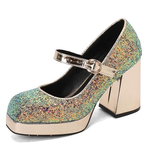 Womens Sequined Cloth Platform Heels Mary Jane Block Heels Ankle Strap Square Toe Glitter Pumps