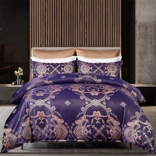Djoymock Purple Jacquard Duvet Cover Sets, Elegant Satin Bedding Sets Double Size 3 Piece Purple Comforter Cover Sets Soft Luxury Silky Bedding Set (Duvet Cover 200x200cm, 2 Pillowcases 48x75cm)