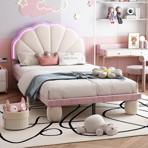 KOMHTOM Lit Rembourré avec Bandes Lumineuses, Lit pour Adolescent avec Sommier à Lattes, Pieds Ronds Rembourrés, Cadre de Lit, Velours(sans Matelas) (Blanc +...