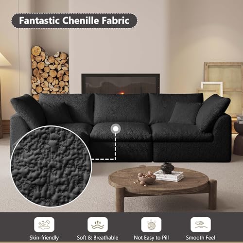 Image of Modular Sectional Sofa Couches L-Shape Couch 3 Seat Modular Sofa Memory Foam Sectional Couches for Living Room (Black, 108 inch+3 Seater+1 Ottoman)