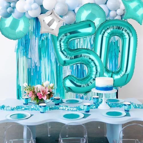 Image of Teal Blue Number 50 Balloons 40 Inch 50th Birthday Anniversary Theme 5 Pcs | Big Helium Mylar Digital Balloon Mermaid Wedding Party Decor Supplies