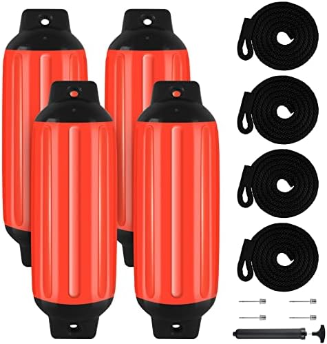 VEITHI Boat Fenders 4Pack, Ribbed Twin Eyes Vinyl Boat Fender Bumpers, Boat Bumpers for Docking Come with Ropes Needles and Pump to Inflate, Bumpers of Boats 8.5 x 27 inch Flame Orange/Black
