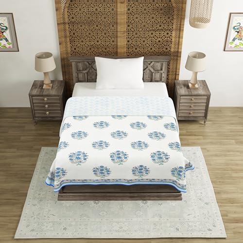 Image of BLOCKS OF INDIA Hand Block Printed Cotton Single Size Reversible Malmal Dohar for Summer (Blue Rose)