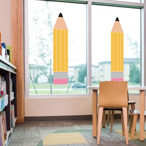 Image of Whaline 39.4'' Extra Large Pencil Window Clings Back to School Decoration | Double Sided Reusable Anti-Collision Windows Decals for First Day of School Reading Classroom Door Wall Decor, 2 Sheets