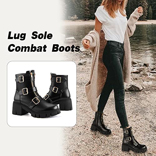 Tinstree Mid Boots,Fashion Fall White Knee High Boots Wide Calf Buckle With Side Zipper Chunky Heels Lug Sole Pu Leather Booties Round Toe Black,09 #TOP2