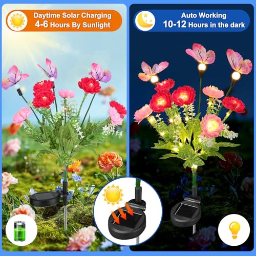Solar Garden Lights,Solar Lights Outdoor Waterproof with Butterfly Flower,2 Pack Solar Powered Outdoor Lights,Solar Lights for Outside,Garden Lights Patio Yard Decor,Gifts for Fathers Day Dad Grandpa by WOOKTECH - Image 5