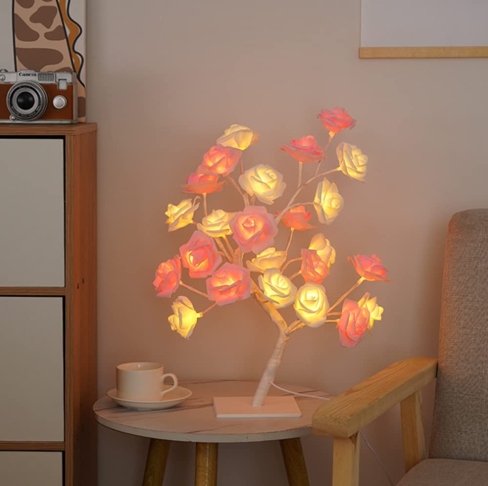 ANTM Flower Tree lamp,Rose lamp Tree,Twig Light Branches Tree Light with Flower Twig Light USB Powered Adjustable Gold Branches (White Powder)