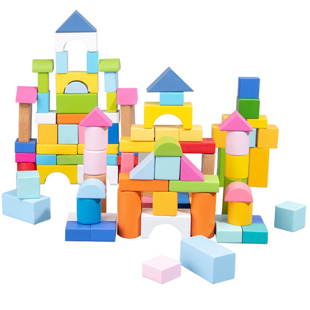 Toyvian Blocchi di Costruzione in Legno 100 Pezzi per Bambini Forme Geometriche, Superficie Levigata e Bordi Arrotondati, Giocattolo Educativo per Gioco e Apprendimento