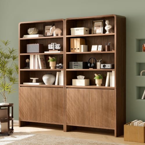 Image of AMERLIFE 71 inch Modern Bookcase Set of 2 with Storage Cabinets, 6-Tier Wood Bookshelf with Doors & Adjustable Shelves, Curved Design Display Cabinet for Living Room, Bedroom, or Home Office, Brown