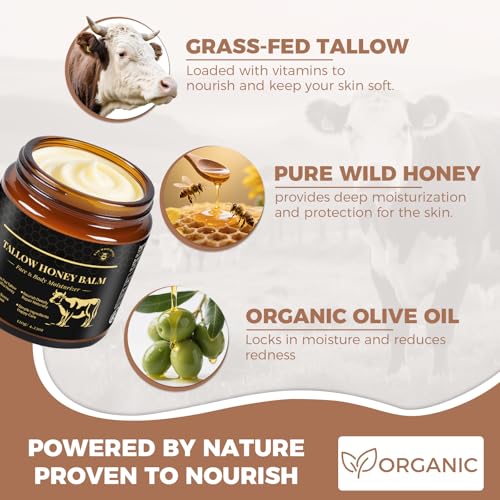 KINGMING Beef Tallow for Skin, Tallow and Honey Balm for Face, Facial Moisturizer Cream, Grass Fed Beef Tallow Balm Deeply Moisturizing for Face & Body, Suitable For All Skin Types (4.23 oz)
