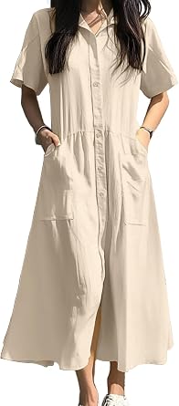 chouyatou Womens Summer Short Sleeve Button Down Shirt Dress A-Line Flared Maxi Long Beach Casual Dress