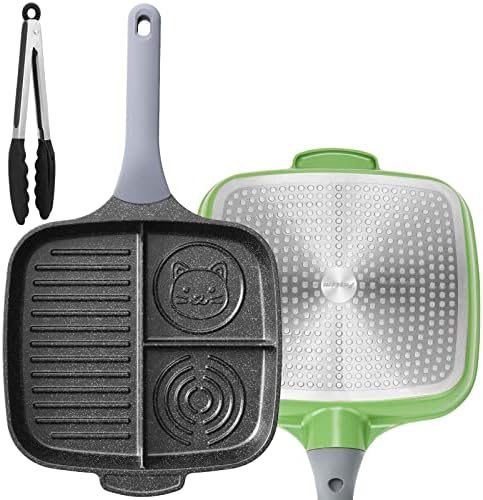 Faseem Sectional skillet grill pan, 10.6 inch 3 Section Breakfast Pan, Grill Pans for Stove Tops, Compatible with All Stovetops, PFOA Free, (Gas, Electric & Induction)