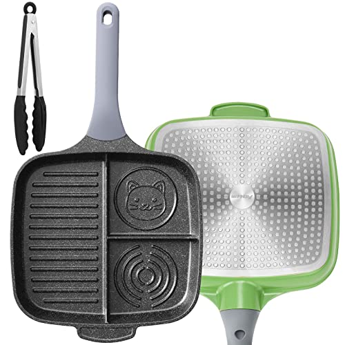 Faseem Sectional Skillet Grill Pan, 10.6 Inch 3 Section Breakfast Pan, Grill Pans For Stove Tops, Compatible With All Stovetops, Pfoa Free, (Gas, Electric & Induction) #TOP19