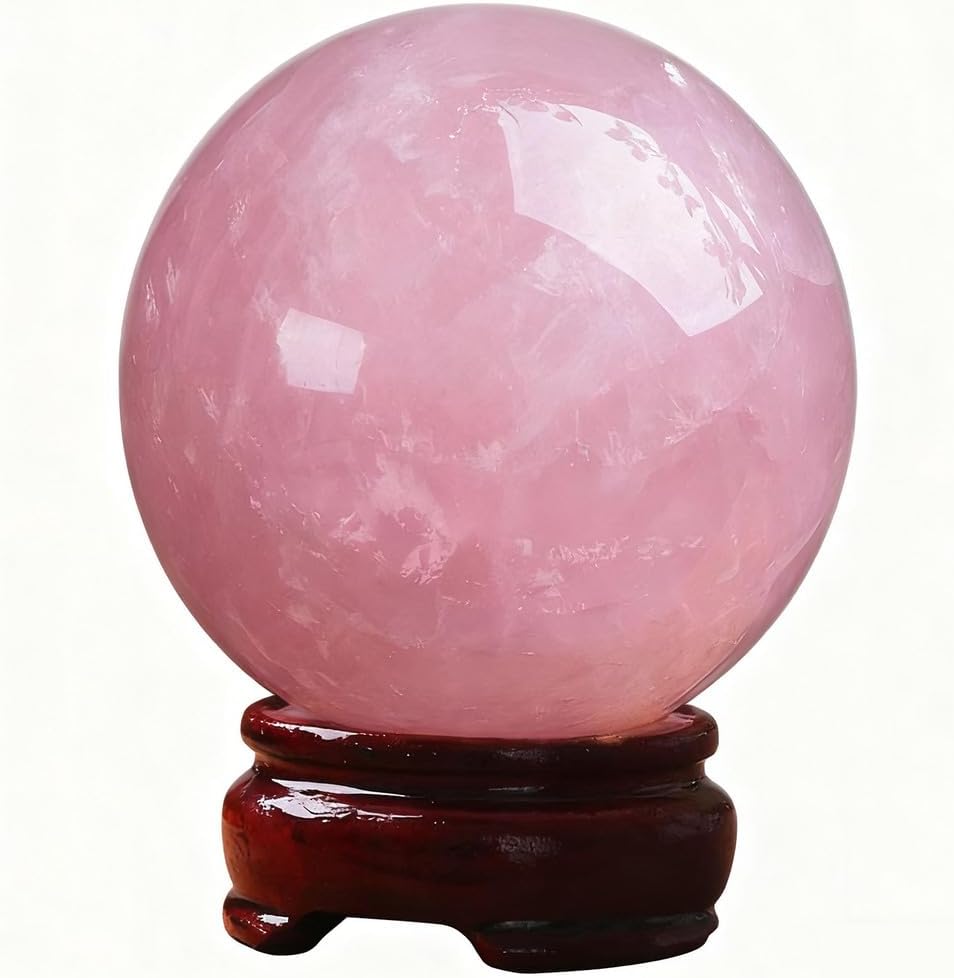 Rose Quartz Crystal Ball with Wooden Stand, Scrying Crystal Feng Shui Crystal Stone Sphere Sculpture Home Office Decor, Magic Crystal Sphere 30-180Mm,150mm