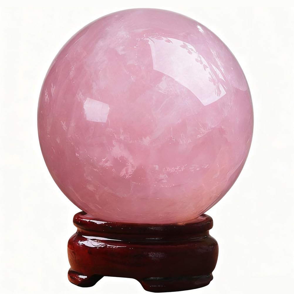 DQFOCPHHAA Rose Quartz Crystal Ball with Wooden Stand, Scrying Crystal Feng Shui Crystal Stone Sphere Sculpture Home Office Decor, Magic Crystal Sphere 30-180Mm,150mm