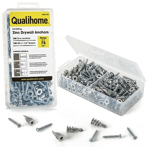 Qualihome Zinc Self Drilling Drywall Anchor Hollow Wall Anchor Kit With Screws - Metal Self Drilling Drywall Anchors With Wide Screw Fins - #8 Zinc Drywall Anchors Heavy Duty (100 Pack)