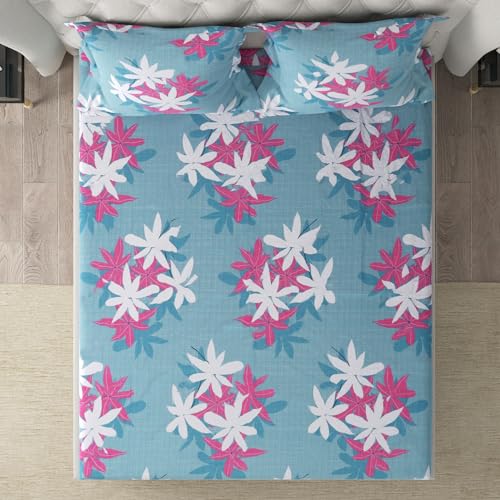 Image of Cloth Fusion Elastic Fitted Queen Size Bed Sheet with 2 Pillow Covers, Soft Wrinkle Free Elastic Bedsheets for Queen Size Bed (78X60X8 inches, Floral Blue)