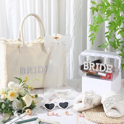 Blosssound 5 Pcs Bride Gifts Set Include Bride Bag Cosmetic Bag Sunglasses Slippers Hair Clip for Bridal Shower Engagement Weddings Bachelorette Party2