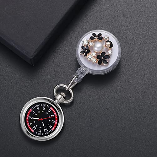 Image of Lancardo Retractable Nurse Watch Clip On Pearl Flower Patterns Badge with Secondhand Stethoscope Lapel Fob Pocket Watch Doctor Nurse Watch for Women and Men Nurses Day