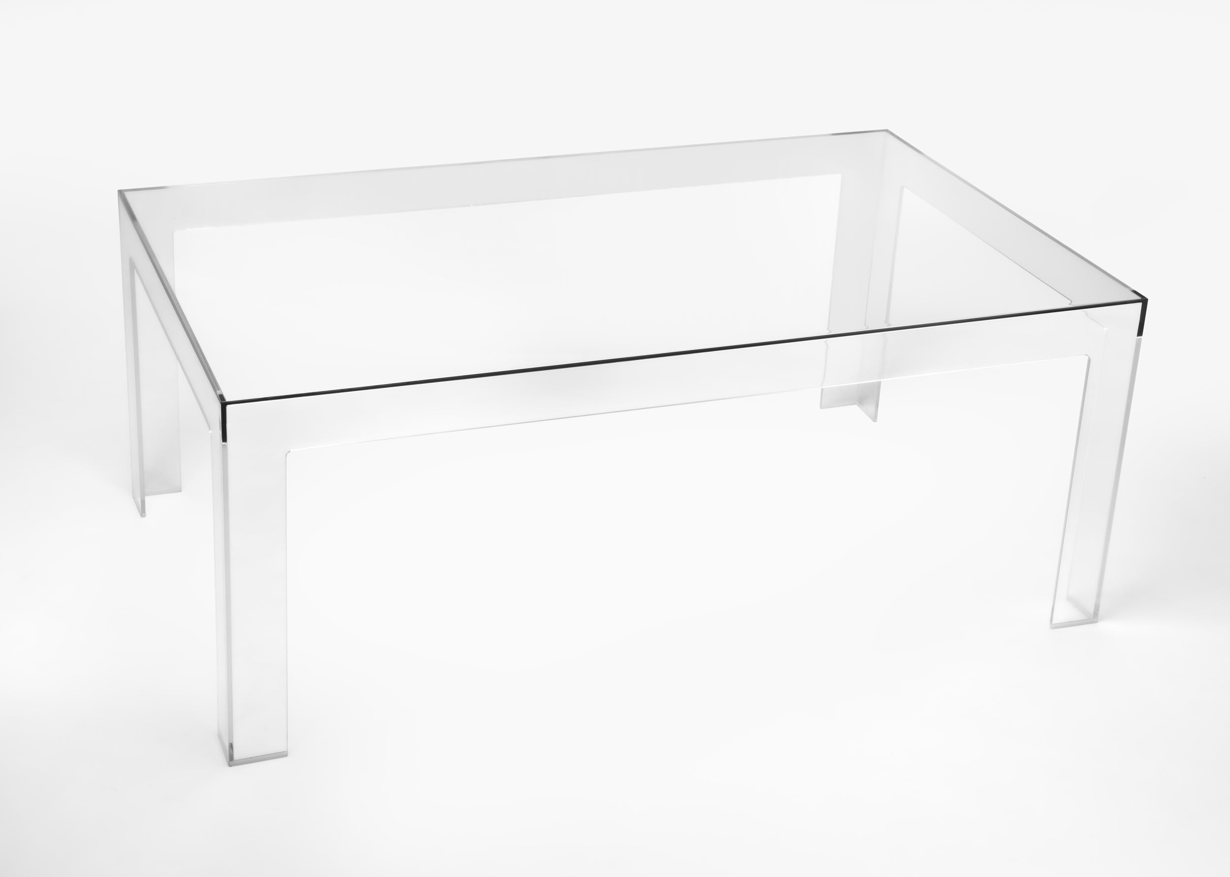 Tavolino da salotto trasparente in policarbonato monoblocco, design moderno, Made in Italy.