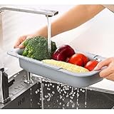 Expandable Over Sink Strainer for Kitchen Sink, Adjustable Sink Colander Basket, Kitchen Sink Strainer for Washing Fruits, Vegetables, Dishes & Utensils, Space Saving Drain Basket, Gray