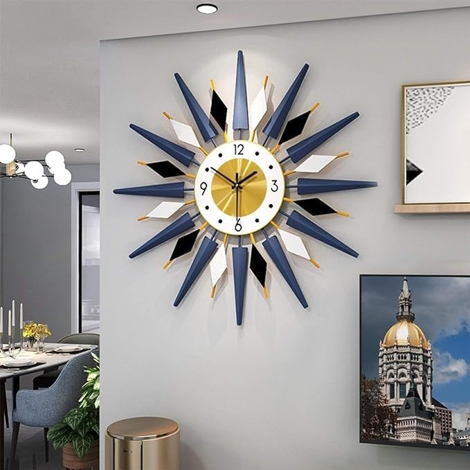 Gold Sun Shape Flower Wall Clock - Large Round Metal Clock for Living Room Bedroom Decor, Silent Pendulum Design