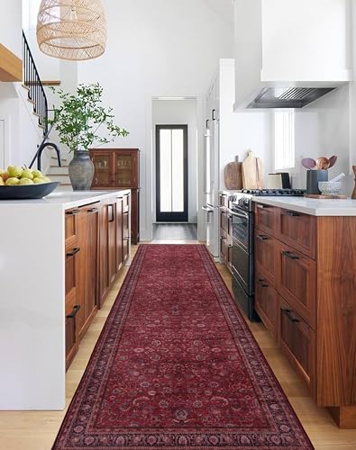 GLN Rugs Washable Vintage Runner Rug 2x10 Kitchen, Red Floral Hallway Rug