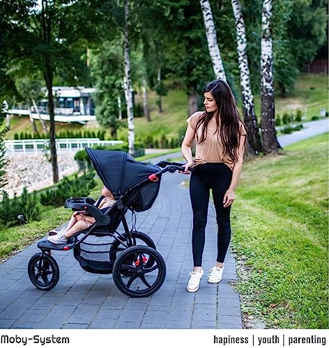 Moby-System Runner Mountain Dreirad-Kinderwagen mit Regenschutz, 15 kg Belastbar - Kinderwagen Zubehör Set mit 5-Punkt-Gurt, Reflektoren, Sichtfenster & Ablagekorb - Schwarz