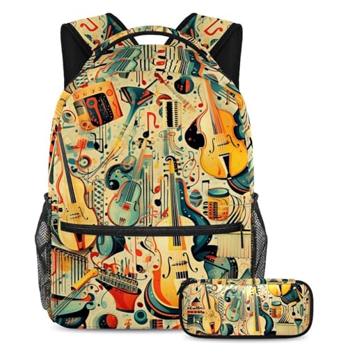 Sac à dos motif guitare avec trousse 8 pièces grand format pour école et voyage ado