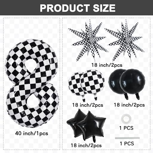 Image of TONIFUL 8th Birthday Balloons Kit 40 Inch Checkered Number 8 Foil Balloon