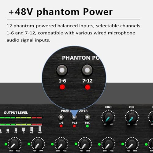 Mezclador de micrófono de conferencia, procesador de efectos de música profesional de 12 canales, entrada de micrófono XLR/6.3 mm, alimentación fantasma de 48 V, antiretroalimentación para estudio y