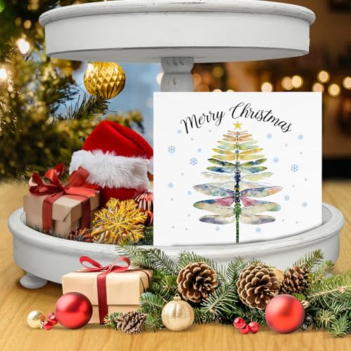 Image of Dragonfly Christmas Decor, Merry Christmas Wood Box Sign, Dragonfly Gifts for Women Men, Farmhouse Xmas Home Office Decorations for Desk Table Shelf 5 X 5 Inches