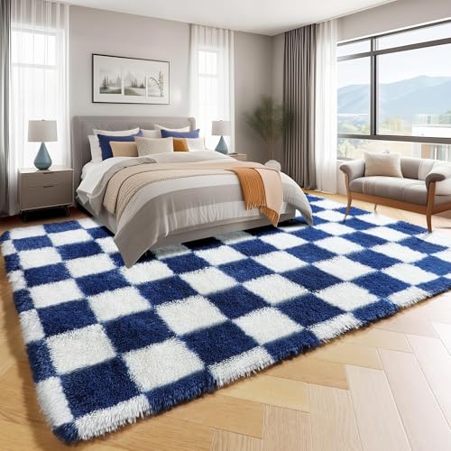 Image of KICMOR Rugs for Living Room, Soft Fluffy Checkered Shag 5x8 Area Rug Large Big Fuzzy Shaggy Bedroom Plush Carpet, Navy Blue and Cream White Rug for Kids Boys Girls Dorm Nursery Home Decor Aesthetic