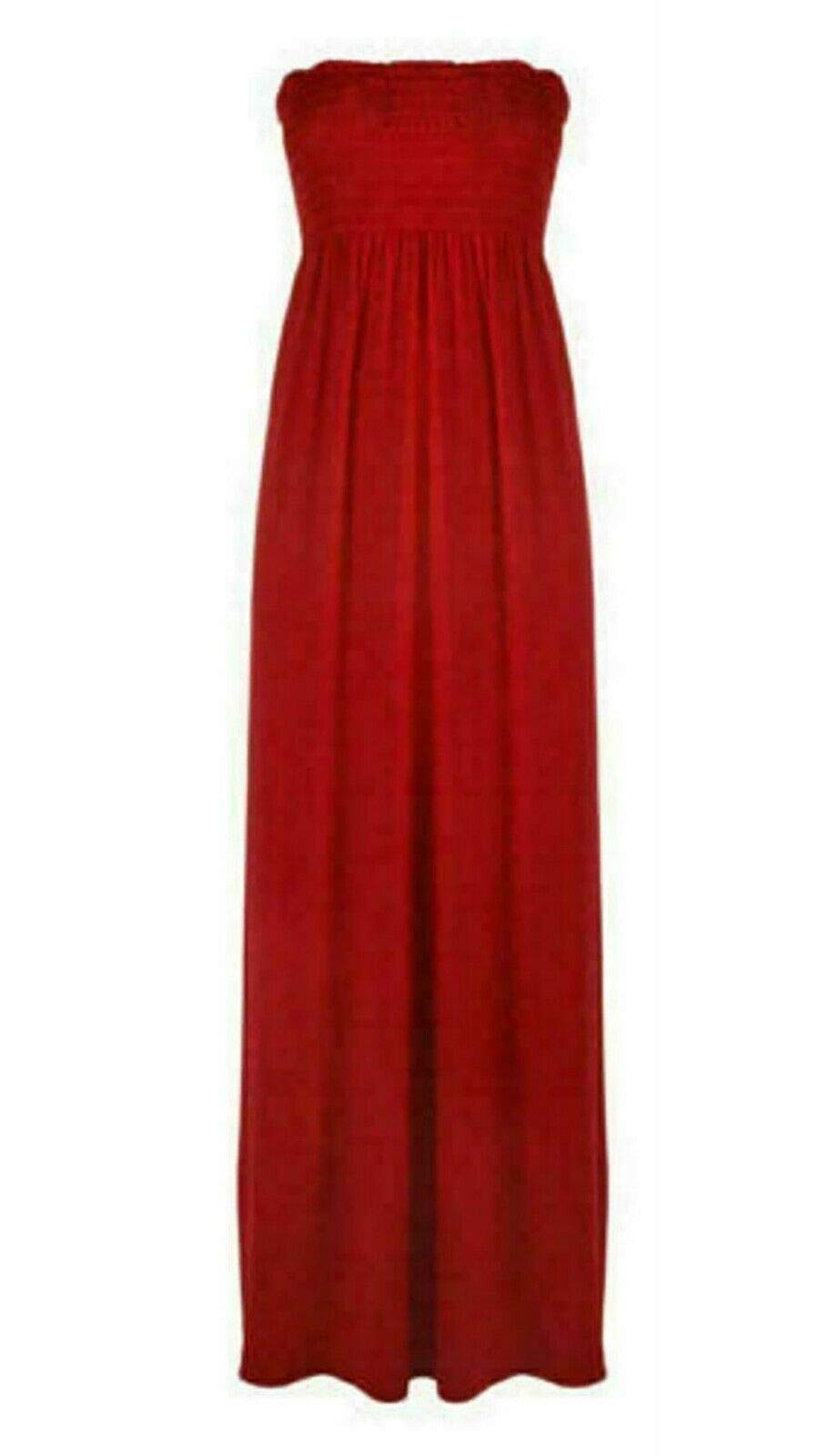 FAIRY TRENDZ LTD Womens Plain Shirred Bandeau Strapless Ladies Ruched Long Boob Tube Jersey Summer Maxi Dress Sheering Maxi Maxy(Red UK 12-14)