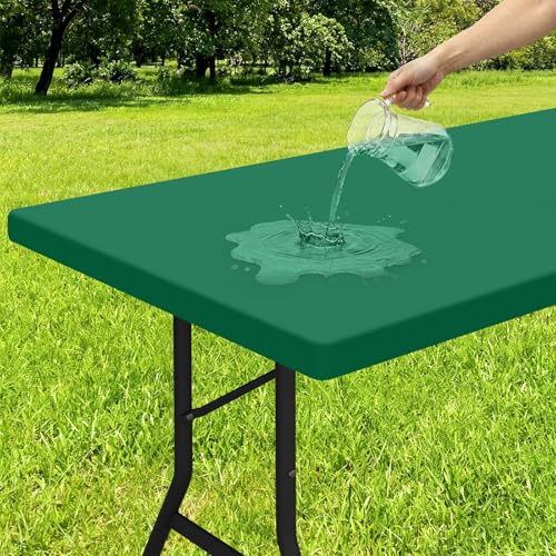 Smiry Rectangle Tablecloth, Elastic Fitted Flannel Backed Vinyl Tablecloths for 8ft Folding Tables, Waterproof Wipeable Table Covers for Indoor, Outdoor, Picnic and Camping (Emerald Green, 30"x96")