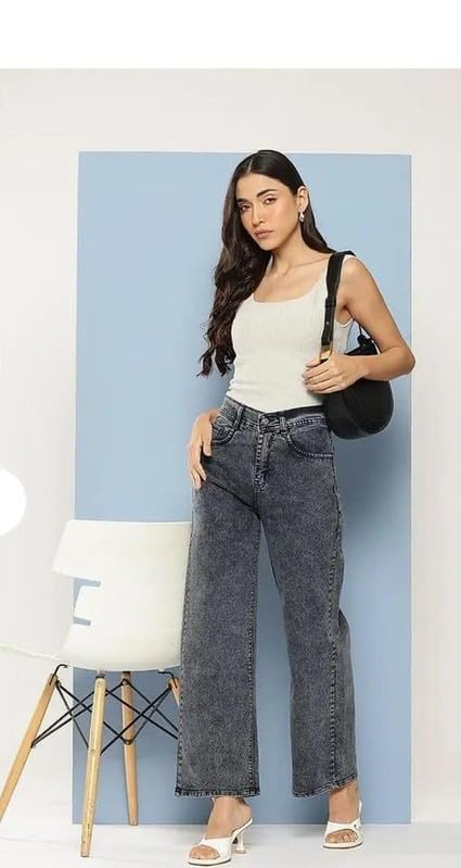 Image of Women Girls High Waist Straight Fit Cotton Jeans Single Button Comfortable Daily Outfit
